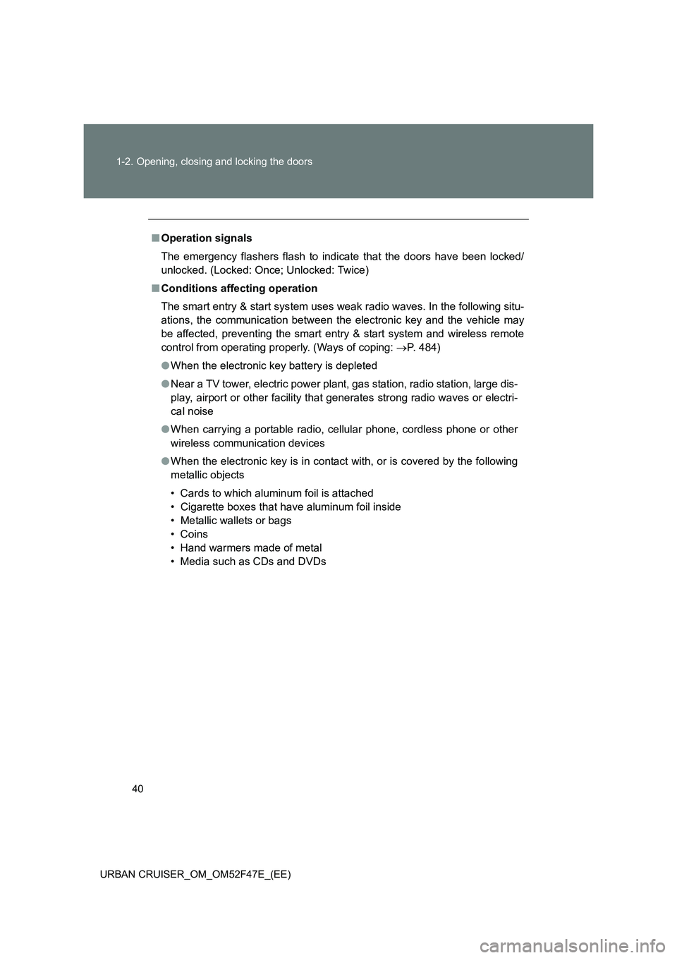 TOYOTA URBAN CRUISER 2015  Owners Manual 40
1-2. Opening, closing and locking the doors
URBAN CRUISER_OM_OM52F47E_(EE)
■ Operation signals
The emergency flashers flash to indicate that the doors have been locked/
unlocked. (Locked: Once; U