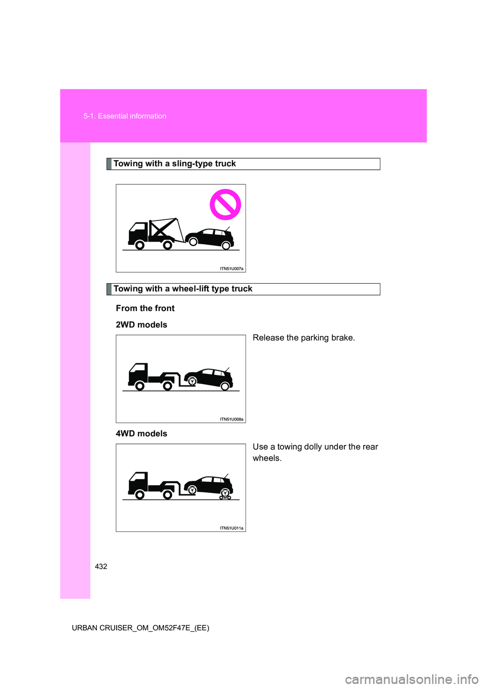 TOYOTA URBAN CRUISER 2015 Owners Manual 432
5-1. Essential information
URBAN CRUISER_OM_OM52F47E_(EE)
Towing with a sling-type truck
Towing with a wheel-lift type truck From the front
2WD models Release the parking brake.
4WD models Use a t TOYOTA URBAN CRUISER 2015 Owners Manual 432
5-1. Essential information
URBAN CRUISER_OM_OM52F47E_(EE)
Towing with a sling-type truck
Towing with a wheel-lift type truck From the front
2WD models Release the parking brake.
4WD models Use a t