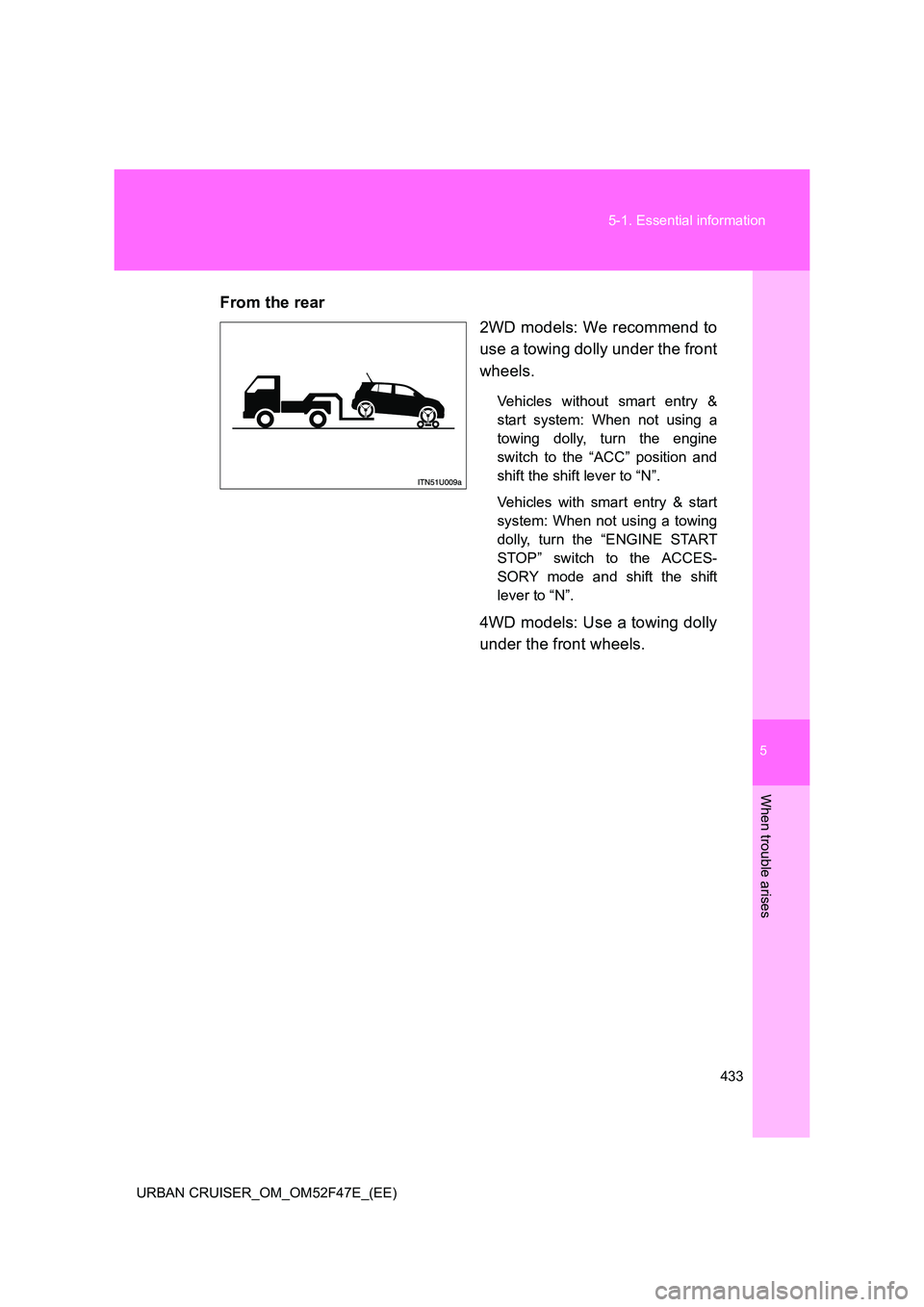 TOYOTA URBAN CRUISER 2015 Owners Manual 5
433
5-1. Essential information
When trouble arises
URBAN CRUISER_OM_OM52F47E_(EE)
From the rear
2WD models: We recommend to
use a towing dolly under the front
wheels.
Vehicles without smart entry &
TOYOTA URBAN CRUISER 2015 Owners Manual 5
433
5-1. Essential information
When trouble arises
URBAN CRUISER_OM_OM52F47E_(EE)
From the rear
2WD models: We recommend to
use a towing dolly under the front
wheels.
Vehicles without smart entry &