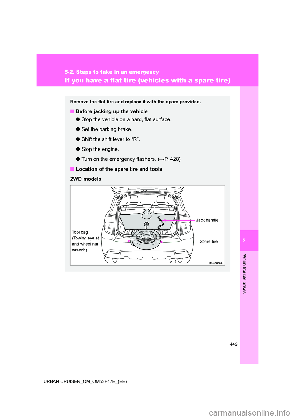 TOYOTA URBAN CRUISER 2015 Owners Manual 5
449
5-2. Steps to take in an emergency
When trouble arises
URBAN CRUISER_OM_OM52F47E_(EE)
If you have a flat tire (vehicles with a spare tire)
Remove the flat tire and replace it with the spare prov TOYOTA URBAN CRUISER 2015 Owners Manual 5
449
5-2. Steps to take in an emergency
When trouble arises
URBAN CRUISER_OM_OM52F47E_(EE)
If you have a flat tire (vehicles with a spare tire)
Remove the flat tire and replace it with the spare prov
