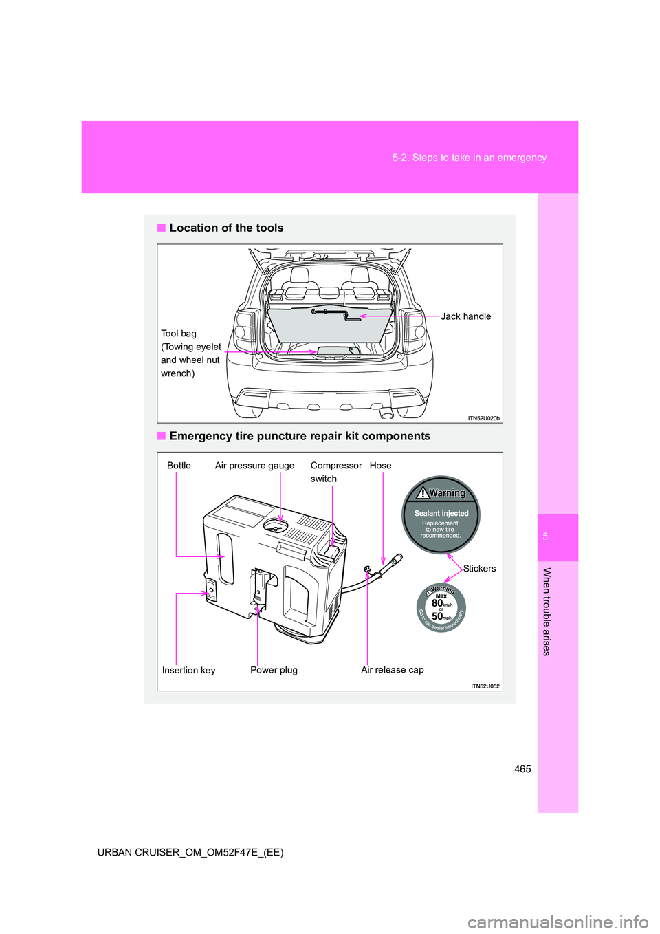TOYOTA URBAN CRUISER 2015  Owners Manual 5
465
5-2. Steps to take in an emergency
When trouble arises
URBAN CRUISER_OM_OM52F47E_(EE)
■
Location of the tools
■ Emergency tire puncture repair kit components
Jack handle
Tool bag 
(Towing ey