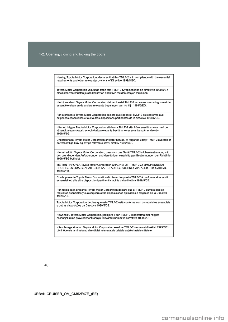 TOYOTA URBAN CRUISER 2015 Service Manual 48
1-2. Opening, closing and locking the doors
URBAN CRUISER_OM_OM52F47E_(EE) 