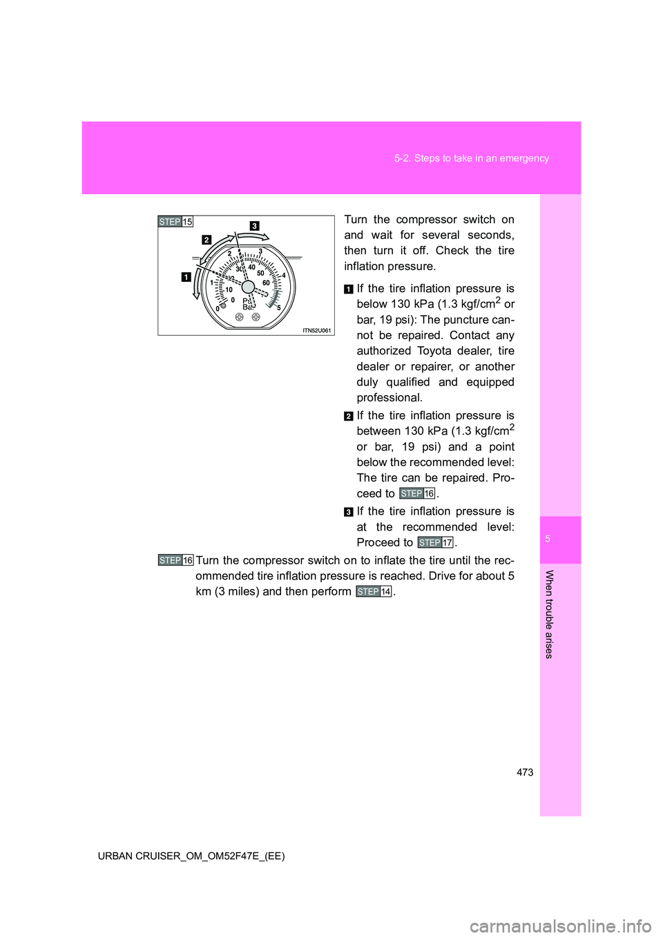 TOYOTA URBAN CRUISER 2015 Owners Manual 5
473
5-2. Steps to take in an emergency
When trouble arises
URBAN CRUISER_OM_OM52F47E_(EE)
Turn the compressor switch on
and wait for several seconds,
then turn it off. Check the tire
inflation press TOYOTA URBAN CRUISER 2015 Owners Manual 5
473
5-2. Steps to take in an emergency
When trouble arises
URBAN CRUISER_OM_OM52F47E_(EE)
Turn the compressor switch on
and wait for several seconds,
then turn it off. Check the tire
inflation press