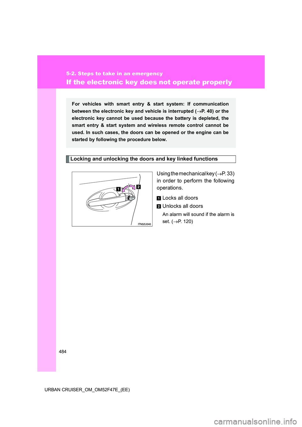 TOYOTA URBAN CRUISER 2015  Owners Manual 484
5-2. Steps to take in an emergency
URBAN CRUISER_OM_OM52F47E_(EE)
If the electronic key does not operate properly
Locking and unlocking the doors and key linked functionsUsing the mechanical key (