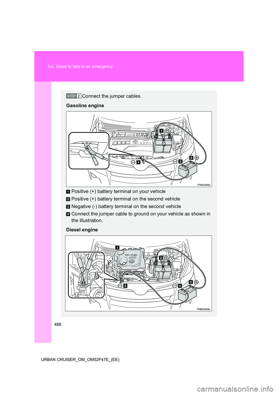 TOYOTA URBAN CRUISER 2015  Owners Manual 488
5-2. Steps to take in an emergency
URBAN CRUISER_OM_OM52F47E_(EE)
Connect the jumper cables.
Gasoline engine
Positive (+) battery terminal on your vehicle
Positive (+) battery terminal on the seco