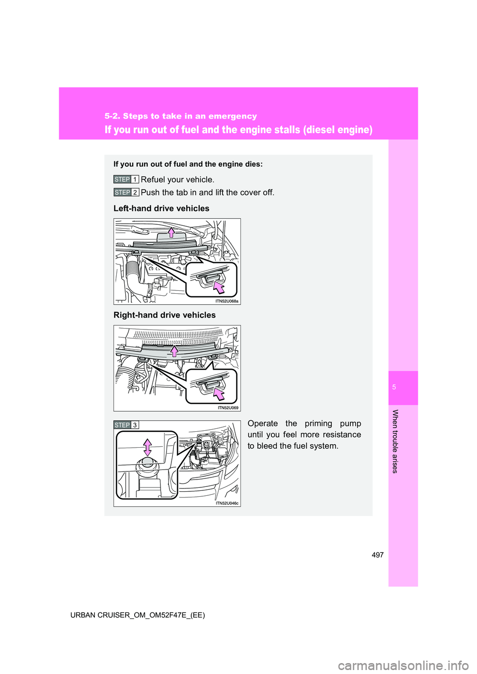 TOYOTA URBAN CRUISER 2015 Owners Manual 5
497
5-2. Steps to take in an emergency
When trouble arises
URBAN CRUISER_OM_OM52F47E_(EE)
If you run out of fuel and the engine stalls (diesel engine)
If you run out of fuel and the engine dies:
Ref TOYOTA URBAN CRUISER 2015 Owners Manual 5
497
5-2. Steps to take in an emergency
When trouble arises
URBAN CRUISER_OM_OM52F47E_(EE)
If you run out of fuel and the engine stalls (diesel engine)
If you run out of fuel and the engine dies:
Ref