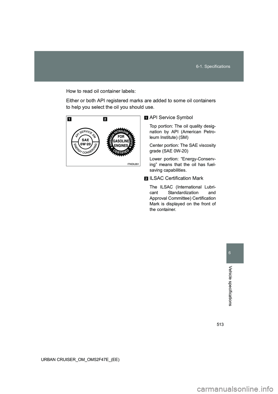 TOYOTA URBAN CRUISER 2015  Owners Manual 513
6-1. Specifications
6
Vehicle specifications
URBAN CRUISER_OM_OM52F47E_(EE)
How to read oil container labels:
Either or both API registered marks are added to some oil containers
to help you selec