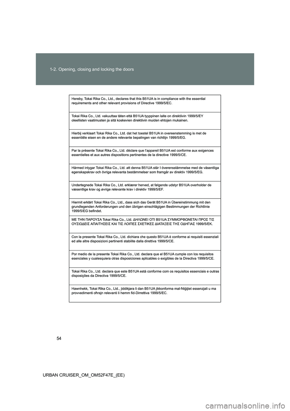TOYOTA URBAN CRUISER 2015 Workshop Manual 54
1-2. Opening, closing and locking the doors
URBAN CRUISER_OM_OM52F47E_(EE) 