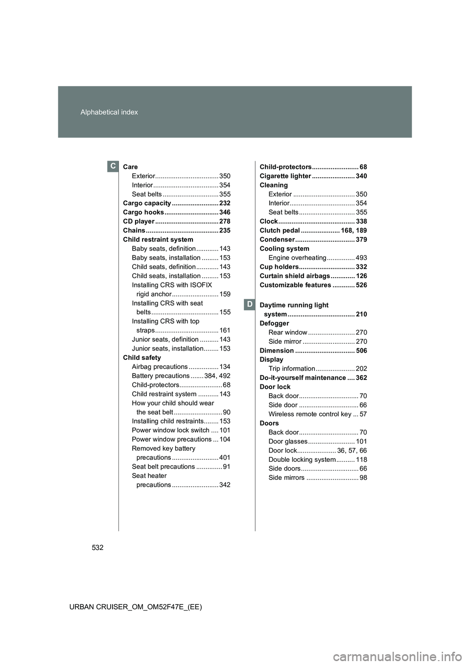 TOYOTA URBAN CRUISER 2015  Owners Manual 532
Alphabetical index
URBAN CRUISER_OM_OM52F47E_(EE)
Care
Exterior.................................. 350
Interior ................................... 354
Seat belts .............................. 355