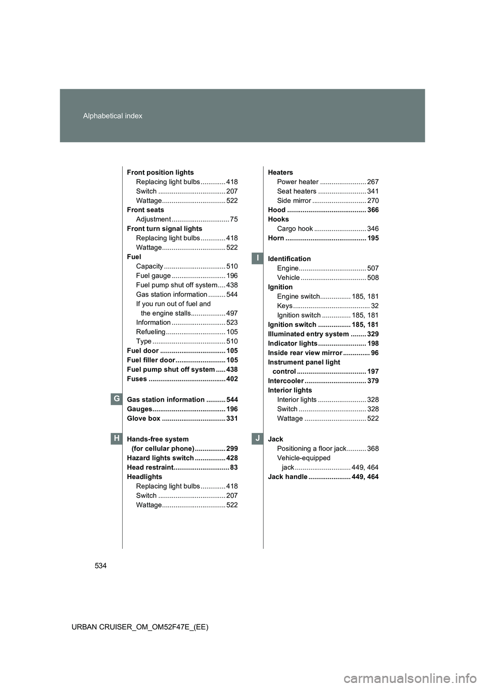 TOYOTA URBAN CRUISER 2015  Owners Manual 534
Alphabetical index
URBAN CRUISER_OM_OM52F47E_(EE)
Front position lights
Replacing light bulbs ............. 418
Switch ................................... 207
Wattage..............................