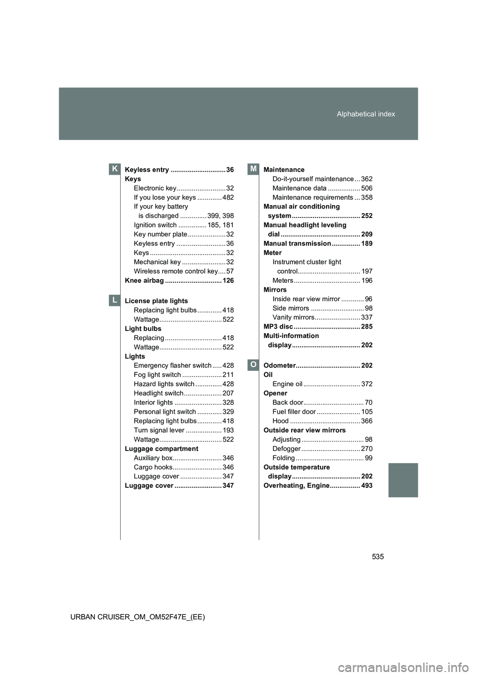TOYOTA URBAN CRUISER 2015  Owners Manual 535
Alphabetical index
URBAN CRUISER_OM_OM52F47E_(EE)
Keyless entry ............................. 36
Keys
Electronic key.......................... 32
If you lose your keys ............. 482
If your ke