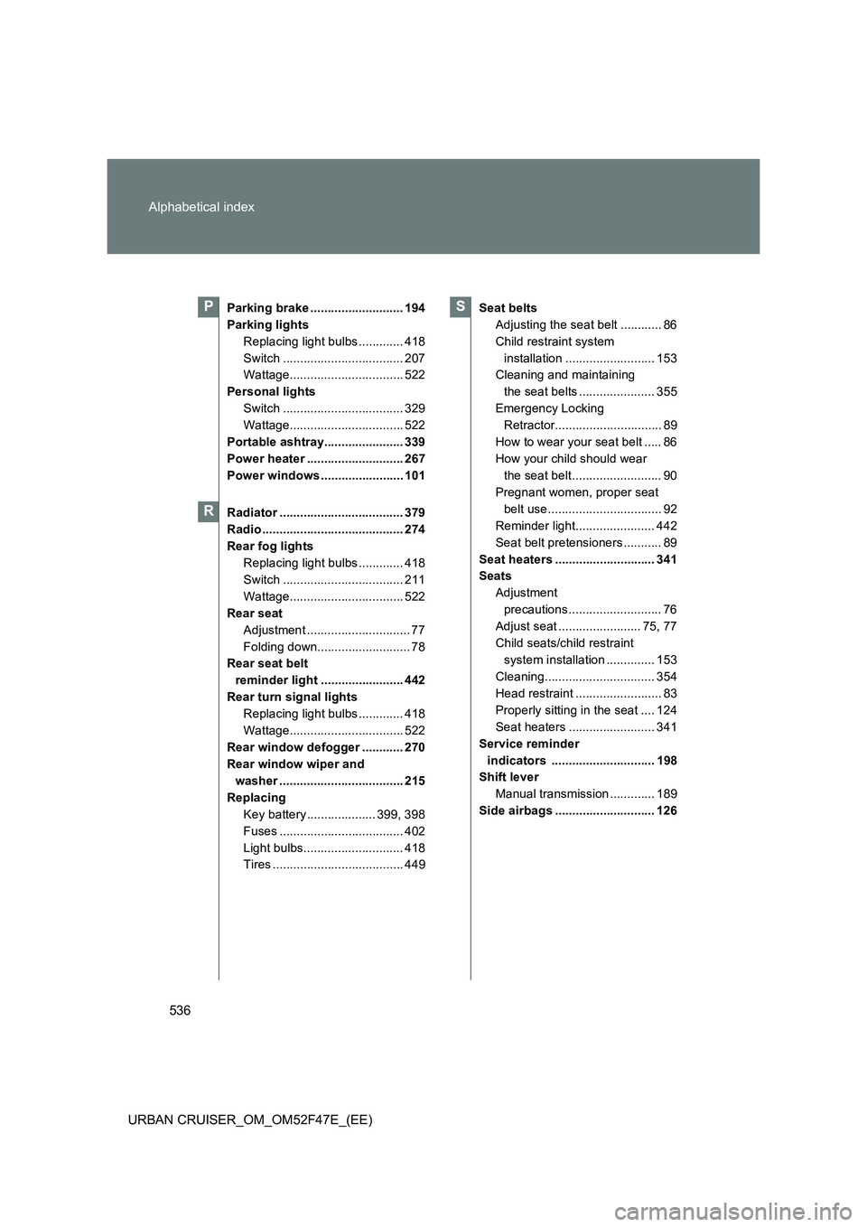 TOYOTA URBAN CRUISER 2015  Owners Manual 536
Alphabetical index
URBAN CRUISER_OM_OM52F47E_(EE)
Parking brake ........................... 194
Parking lights
Replacing light bulbs ............. 418
Switch ................................... 20