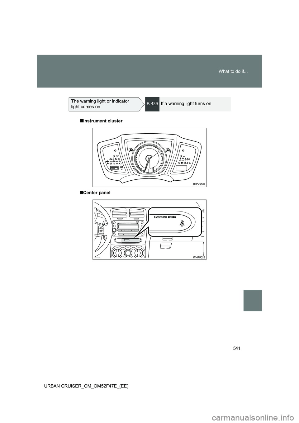 TOYOTA URBAN CRUISER 2015  Owners Manual 541
What to do if...
URBAN CRUISER_OM_OM52F47E_(EE)
The warning light or indicator 
light comes onP.  4 3 9If a warning light turns on
■ Instrument cluster
■ Center panel 