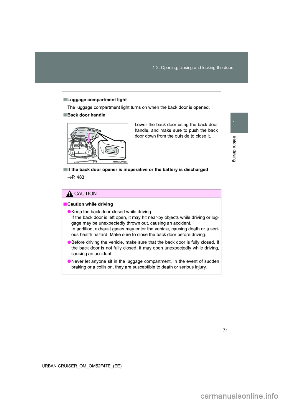 TOYOTA URBAN CRUISER 2015 Manual PDF 71
1-2. Opening, closing and locking the doors
1
Before driving
URBAN CRUISER_OM_OM52F47E_(EE)
■
Luggage compartment light
The luggage compartment light turns on when the back door is opened.
■ Ba