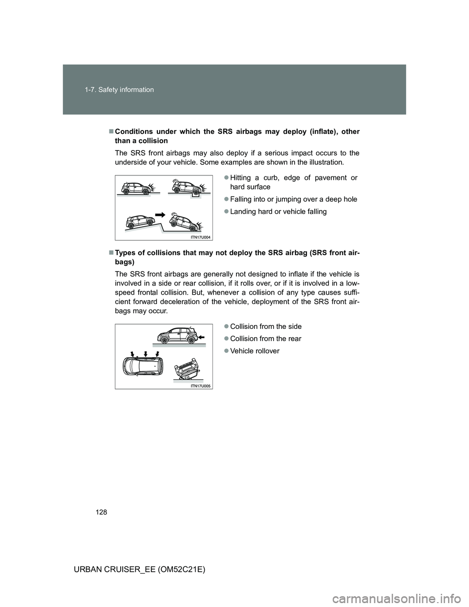 TOYOTA URBAN CRUISER 2011  Owners Manual 128 1-7. Safety information
URBAN CRUISER_EE (OM52C21E)
Conditions under which the SRS airbags may deploy (inflate), other
than a collision
The SRS front airbags may also deploy if a serious impact