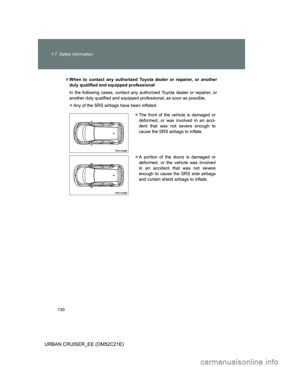 TOYOTA URBAN CRUISER 2011  Owners Manual 130 1-7. Safety information
URBAN CRUISER_EE (OM52C21E)
When to contact any authorized Toyota dealer or repairer, or another
duly qualified and equipped professional
In the following cases, contact