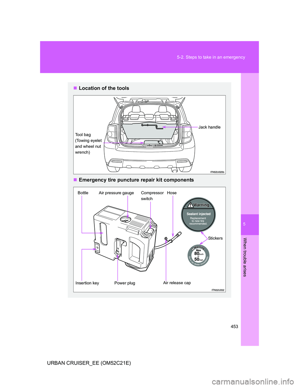 TOYOTA URBAN CRUISER 2011  Owners Manual 5
453 5-2. Steps to take in an emergency
When trouble arises
URBAN CRUISER_EE (OM52C21E)
Location of the tools
Emergency tire puncture repair kit components
Jack handle
Tool bag 
(Towing eyelet 