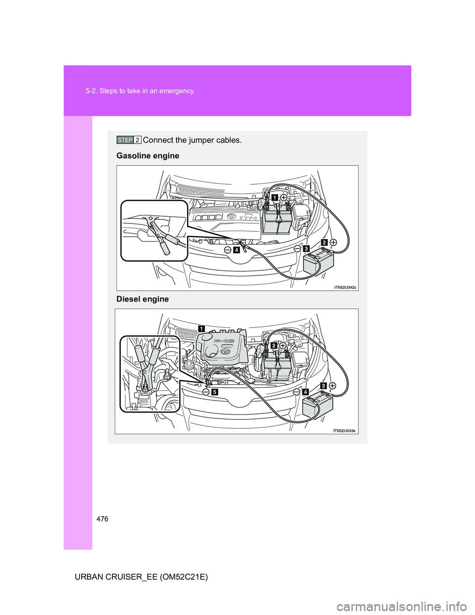 TOYOTA URBAN CRUISER 2011 Owners Manual 476 5-2. Steps to take in an emergency
URBAN CRUISER_EE (OM52C21E)
Connect the jumper cables.
Gasoline engine
Diesel engineSTEP2 TOYOTA URBAN CRUISER 2011 Owners Manual 476 5-2. Steps to take in an emergency
URBAN CRUISER_EE (OM52C21E)
Connect the jumper cables.
Gasoline engine
Diesel engineSTEP2