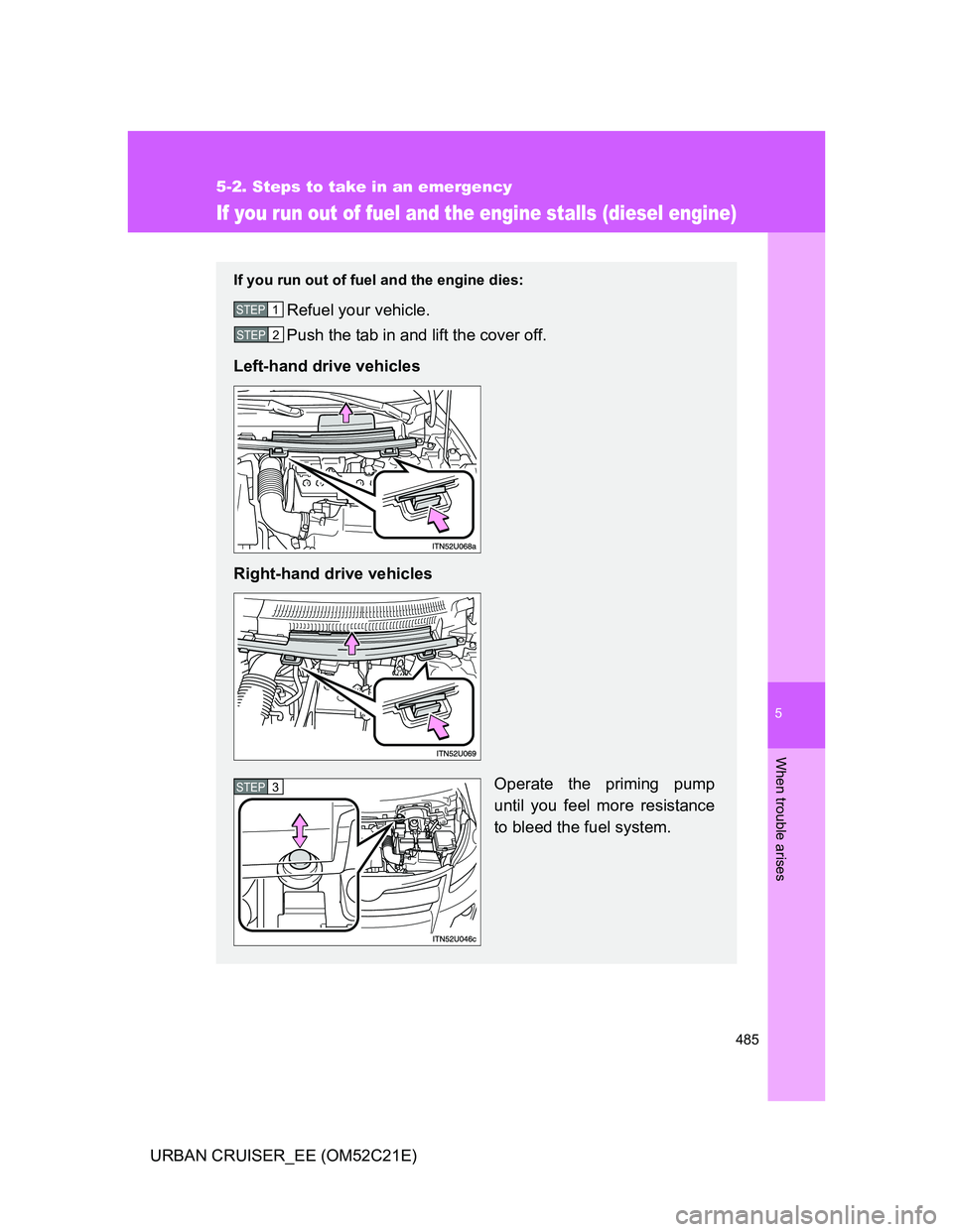 TOYOTA URBAN CRUISER 2011  Owners Manual 5
485
5-2. Steps to take in an emergency
When trouble arises
URBAN CRUISER_EE (OM52C21E)
If you run out of fuel and the engine stalls (diesel engine)
If you run out of fuel and the engine dies:
Refuel