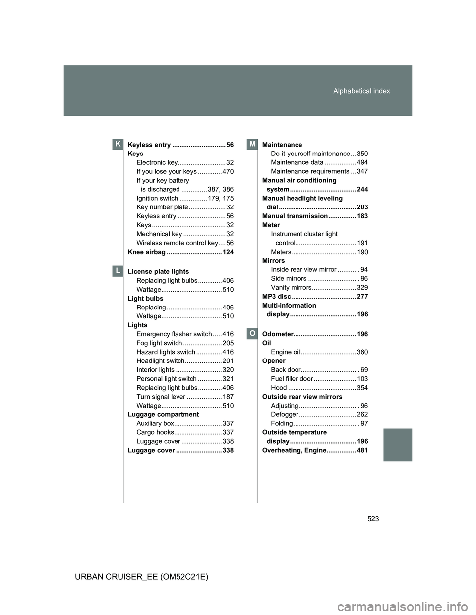 TOYOTA URBAN CRUISER 2011  Owners Manual 523 Alphabetical index
URBAN CRUISER_EE (OM52C21E)
Keyless entry ............................. 56
Keys
Electronic key.......................... 32
If you lose your keys ............. 470
If your key b