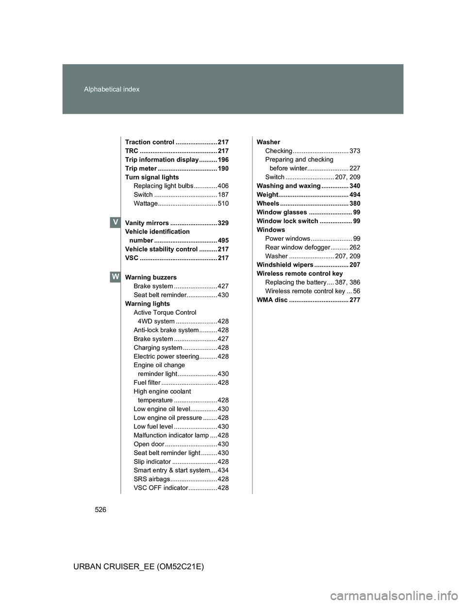 TOYOTA URBAN CRUISER 2011 Owners Manual 526 Alphabetical index
URBAN CRUISER_EE (OM52C21E)
Traction control ....................... 217
TRC ........................................... 217
Trip information display .......... 196
Trip meter . TOYOTA URBAN CRUISER 2011 Owners Manual 526 Alphabetical index
URBAN CRUISER_EE (OM52C21E)
Traction control ....................... 217
TRC ........................................... 217
Trip information display .......... 196
Trip meter .