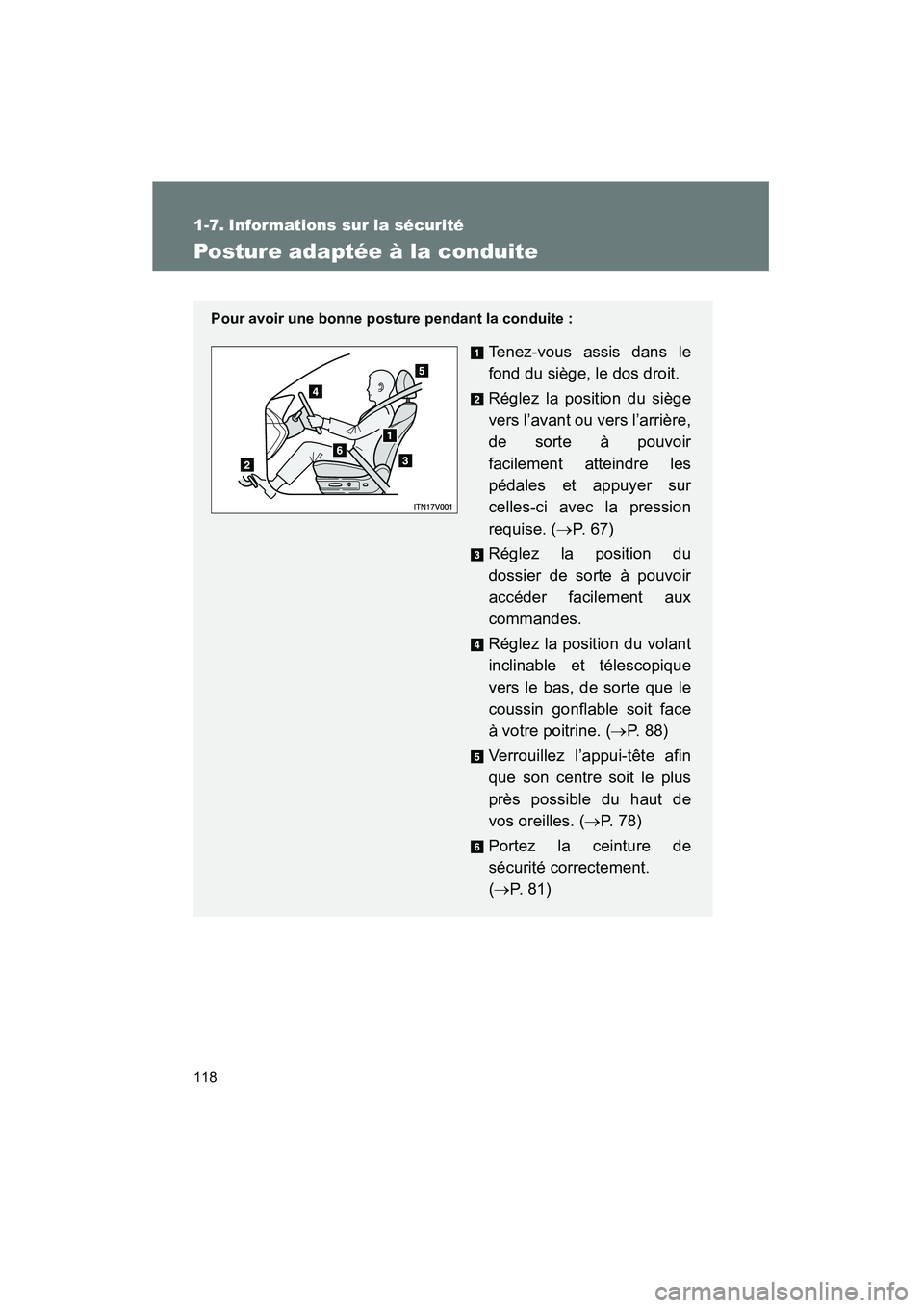 TOYOTA VENZA 2015  Manuel du propriétaire (in French) 118
VENZA_OM_OM73023D_(D)
1-7. Informations sur la sécurité
Posture adaptée à la conduite
Pour avoir une bonne posture pendant la conduite :
Tenez-vous assis dans le
fond du siège, le dos droit.
