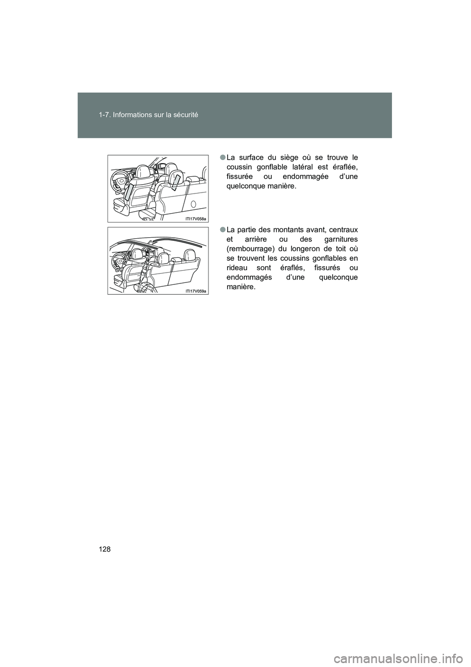 TOYOTA VENZA 2015  Manuel du propriétaire (in French) 128 1-7. Informations sur la sécurité
VENZA_OM_OM73023D_(D)
●La surface du siège où se trouve le
coussin gonflable latéral est éraflée,
fissurée ou endommagée d’une
quelconque manière.
