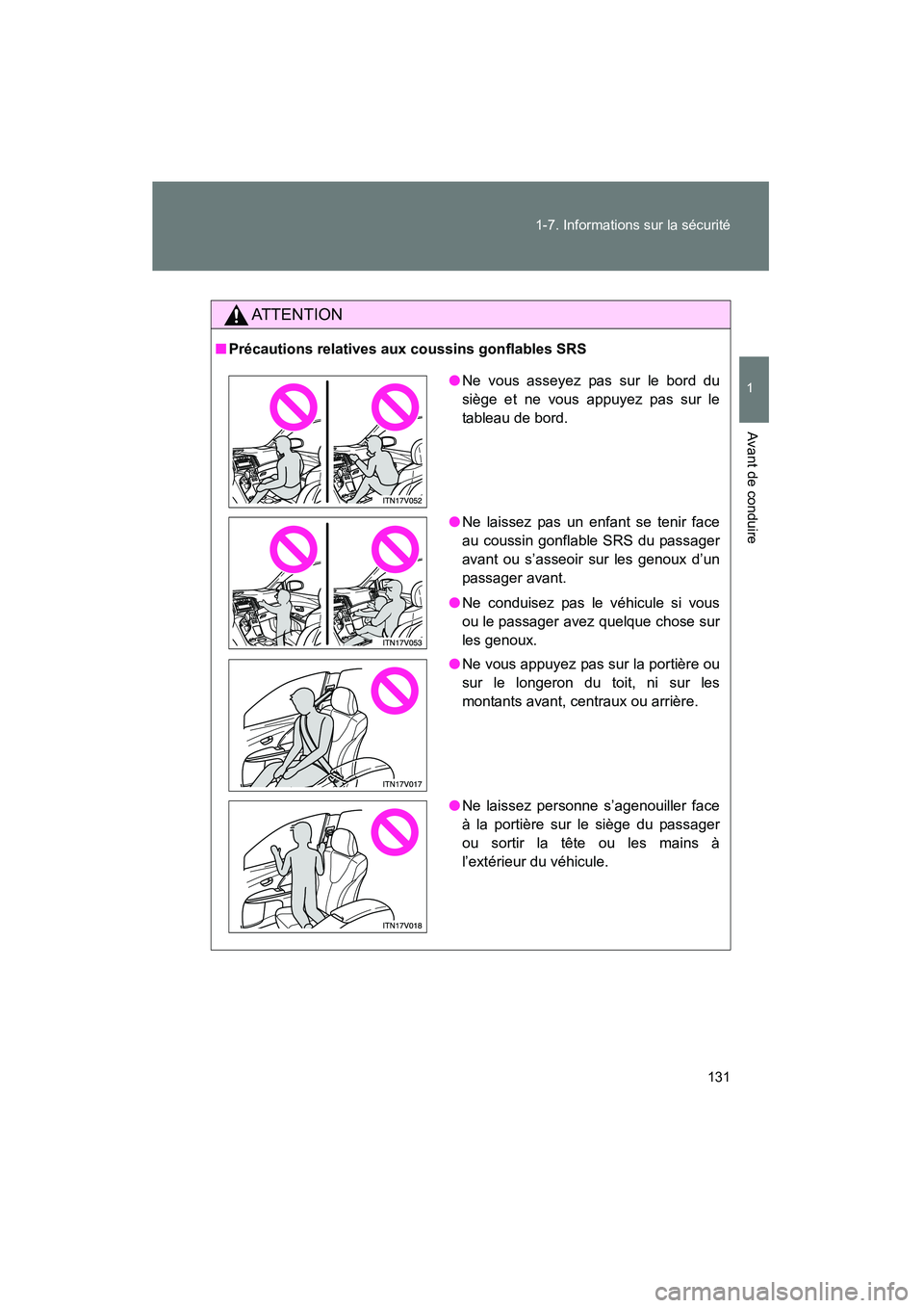 TOYOTA VENZA 2015  Manuel du propriétaire (in French) 131
1-7. Informations sur la sécurité
1
Avant de conduire
VENZA_OM_OM73023D_(D)
AT T E N T I O N
■
Précautions relatives aux coussins gonflables SRS
●Ne vous asseyez pas sur le bord du
siège e