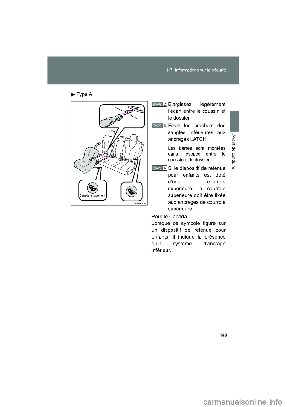 TOYOTA VENZA 2015  Manuel du propriétaire (in French) 149
1-7. Informations sur la sécurité
1
Avant de conduire
VENZA_OM_OM73023D_(D)
Type A
Élargissez légèrement
l’écart entre le coussin et
le dossier.
Fixez les crochets des
sangles inférieures