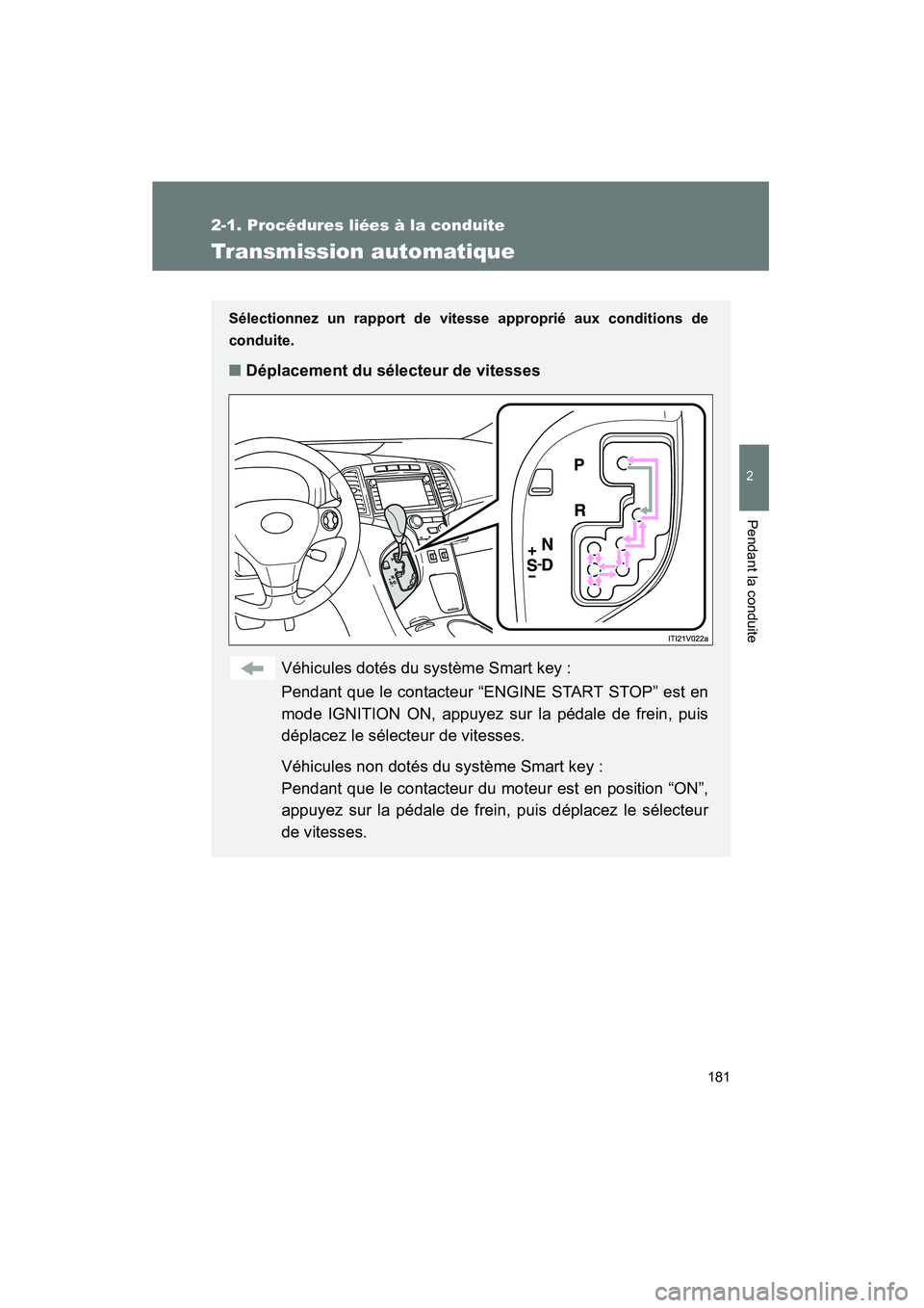 TOYOTA VENZA 2015 Manuel du propriétaire (in French) 181
2-1. Procédures liées à la conduite
2
Pendant la conduite
VENZA_OM_OM73023D_(D)
Transmission automatique
Sélectionnez un rapport de vitesse approprié aux conditions de
conduite.
■Déplaceme TOYOTA VENZA 2015 Manuel du propriétaire (in French) 181
2-1. Procédures liées à la conduite
2
Pendant la conduite
VENZA_OM_OM73023D_(D)
Transmission automatique
Sélectionnez un rapport de vitesse approprié aux conditions de
conduite.
■Déplaceme
