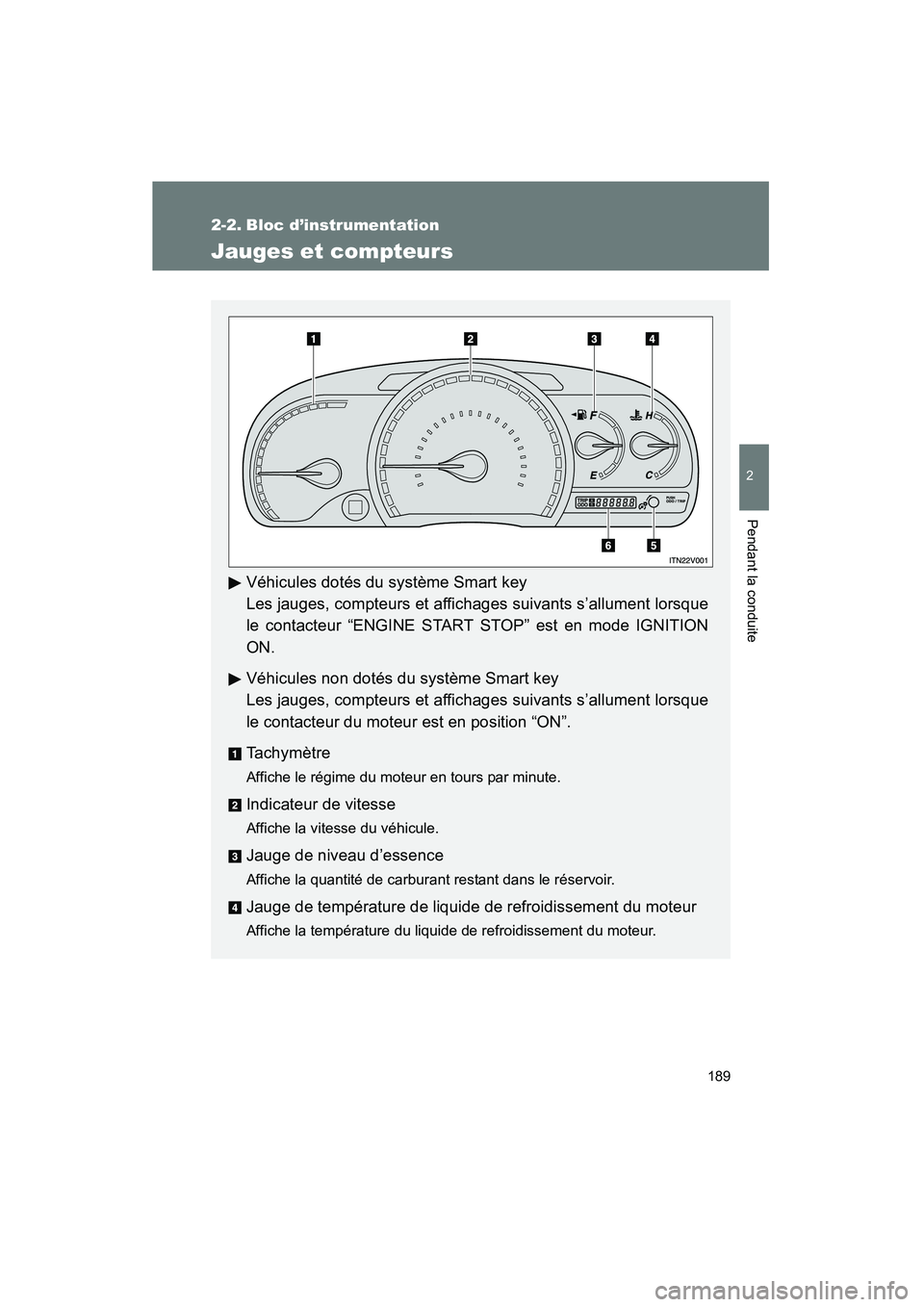TOYOTA VENZA 2015 Manuel du propriétaire (in French) 189
2
Pendant la conduite
VENZA_OM_OM73023D_(D)
2-2. Bloc d’instrumentation
Jauges et compteurs
Véhicules dotés du système Smart key
Les jauges, compteurs et affichages suivants s’allument lors TOYOTA VENZA 2015 Manuel du propriétaire (in French) 189
2
Pendant la conduite
VENZA_OM_OM73023D_(D)
2-2. Bloc d’instrumentation
Jauges et compteurs
Véhicules dotés du système Smart key
Les jauges, compteurs et affichages suivants s’allument lors