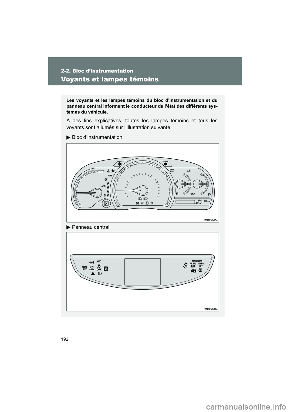 TOYOTA VENZA 2015 Manuel du propriétaire (in French) 192
2-2. Bloc d’instrumentation
VENZA_OM_OM73023D_(D)
Voyants et lampes témoins
Les voyants et les lampes témoins du bloc d’instrumentation et du
panneau central informent le conducteur de l’ TOYOTA VENZA 2015 Manuel du propriétaire (in French) 192
2-2. Bloc d’instrumentation
VENZA_OM_OM73023D_(D)
Voyants et lampes témoins
Les voyants et les lampes témoins du bloc d’instrumentation et du
panneau central informent le conducteur de l’