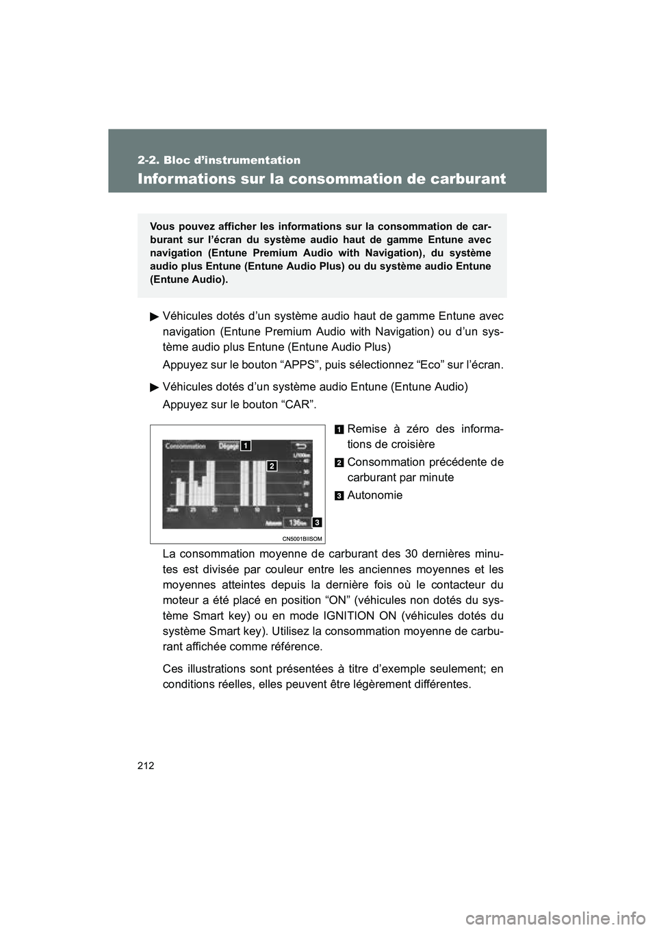 TOYOTA VENZA 2015 Manuel du propriétaire (in French) 212
2-2. Bloc d’instrumentation
VENZA_OM_OM73023D_(D)
Infor mations sur la consommation de carburant
Véhicules dotés d’un système audio haut de gamme Entune avec
navigation (Entune Premium Audi TOYOTA VENZA 2015 Manuel du propriétaire (in French) 212
2-2. Bloc d’instrumentation
VENZA_OM_OM73023D_(D)
Infor mations sur la consommation de carburant
Véhicules dotés d’un système audio haut de gamme Entune avec
navigation (Entune Premium Audi