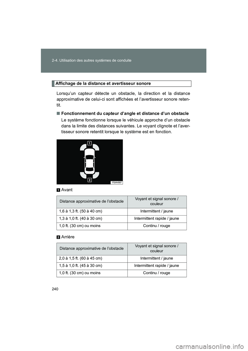 TOYOTA VENZA 2015  Manuel du propriétaire (in French) 240 2-4. Utilisation des autres systèmes de conduite
VENZA_OM_OM73023D_(D)
Affichage de la distance et avertisseur sonoreLorsqu’un capteur détecte un obstacle, la direction et la distance
approxim