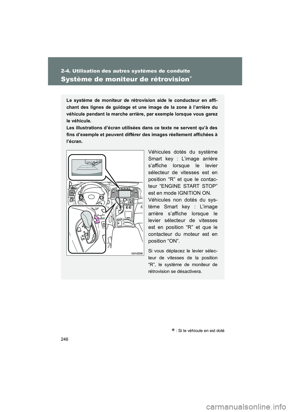 TOYOTA VENZA 2015  Manuel du propriétaire (in French) 246
2-4. Utilisation des autres systèmes de conduite
VENZA_OM_OM73023D_(D)
Système de moniteur de rétrovision∗
∗ : Si le véhicule en est doté
Le système de moniteur de rétrovision aide le c