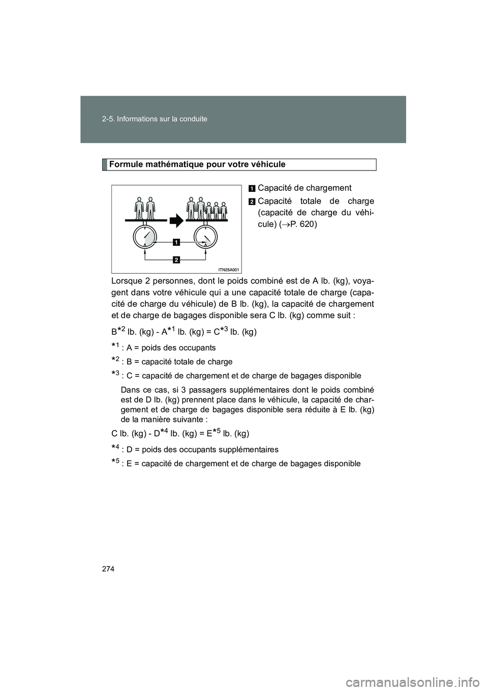 TOYOTA VENZA 2015 Manuel du propriétaire (in French) 274 2-5. Informations sur la conduite
VENZA_OM_OM73023D_(D)
Formule mathématique pour votre véhiculeCapacité de chargement
Capacité totale de charge
(capacité de charge du véhi-
cule) (→P. 620 TOYOTA VENZA 2015 Manuel du propriétaire (in French) 274 2-5. Informations sur la conduite
VENZA_OM_OM73023D_(D)
Formule mathématique pour votre véhiculeCapacité de chargement
Capacité totale de charge
(capacité de charge du véhi-
cule) (→P. 620