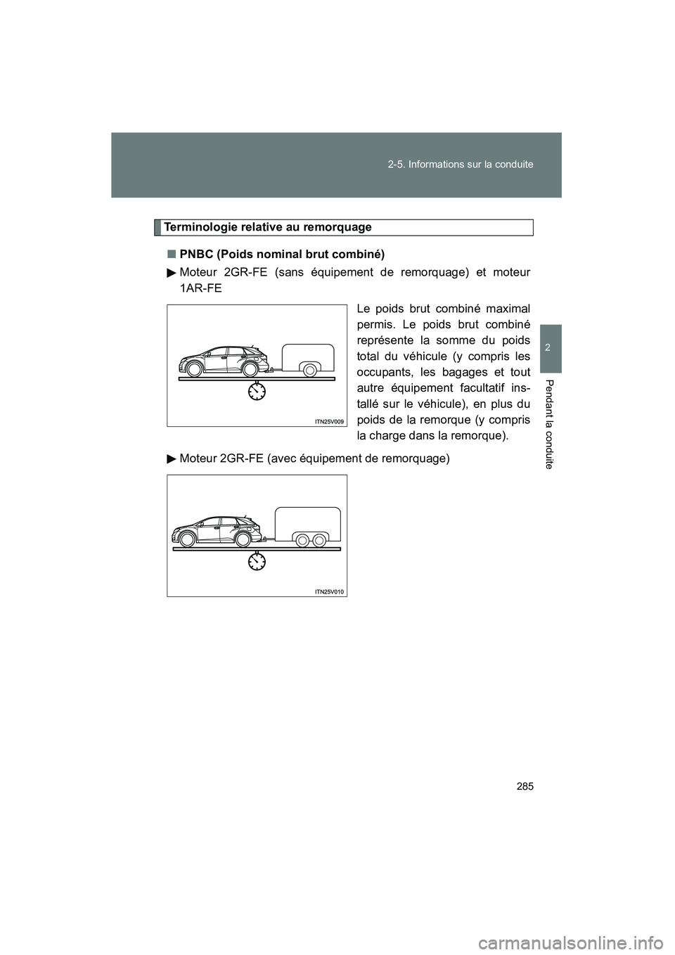 TOYOTA VENZA 2015  Manuel du propriétaire (in French) 285
2-5. Informations sur la conduite
2
Pendant la conduite
VENZA_OM_OM73023D_(D)
Terminologie relative au remorquage
■ PNBC (Poids nominal brut combiné)
Moteur 2GR-FE (sans équipement de remorqua