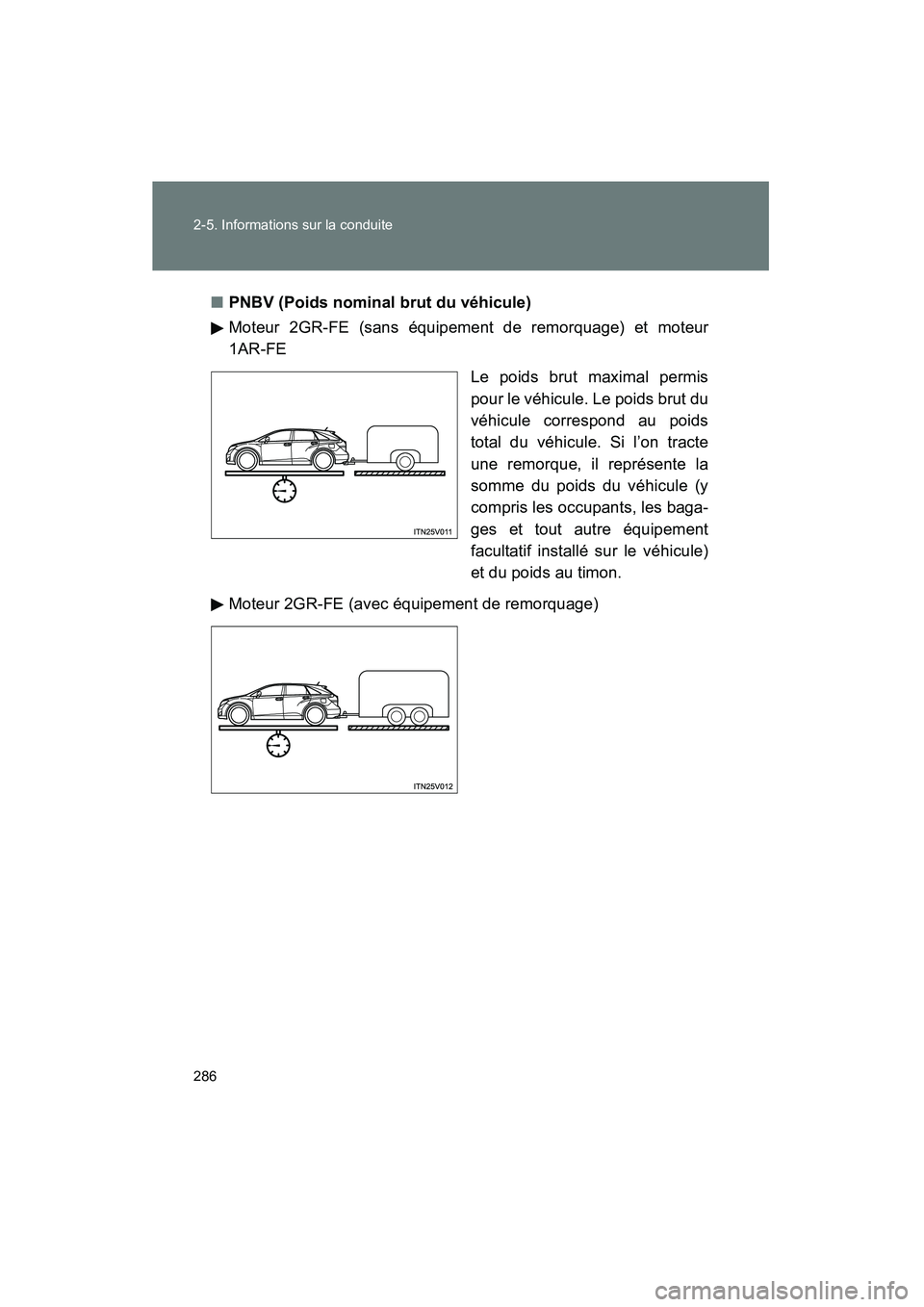 TOYOTA VENZA 2015  Manuel du propriétaire (in French) 286 2-5. Informations sur la conduite
VENZA_OM_OM73023D_(D)■
PNBV (Poids nominal brut du véhicule)
Moteur 2GR-FE (sans équipement de remorquage) et moteur
1AR-FE
Le poids brut maximal permis
pour 