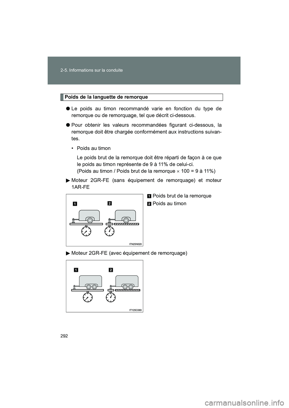 TOYOTA VENZA 2015 Manuel du propriétaire (in French) 292 2-5. Informations sur la conduite
VENZA_OM_OM73023D_(D)
Poids de la languette de remorque● Le poids au timon recommandé varie en fonction du type de
remorque ou de remorquage, tel que décrit c TOYOTA VENZA 2015 Manuel du propriétaire (in French) 292 2-5. Informations sur la conduite
VENZA_OM_OM73023D_(D)
Poids de la languette de remorque● Le poids au timon recommandé varie en fonction du type de
remorque ou de remorquage, tel que décrit c
