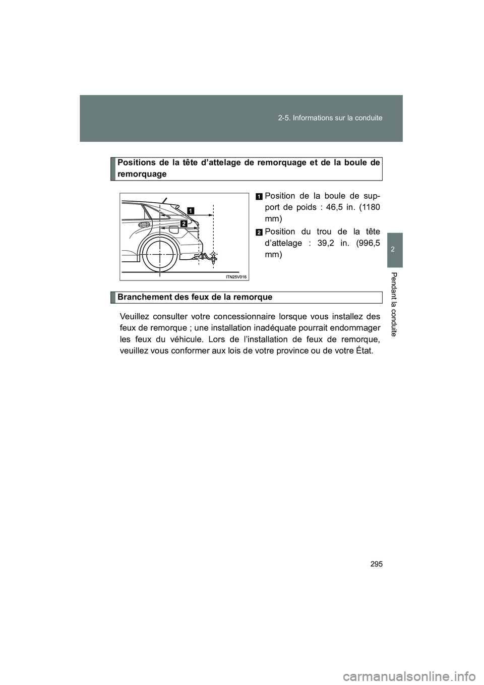 TOYOTA VENZA 2015 Manuel du propriétaire (in French) 295
2-5. Informations sur la conduite
2
Pendant la conduite
VENZA_OM_OM73023D_(D)
Positions de la tête d’attelage de remorquage et de la boule de
remorquage
Position de la boule de sup-
port de poi TOYOTA VENZA 2015 Manuel du propriétaire (in French) 295
2-5. Informations sur la conduite
2
Pendant la conduite
VENZA_OM_OM73023D_(D)
Positions de la tête d’attelage de remorquage et de la boule de
remorquage
Position de la boule de sup-
port de poi