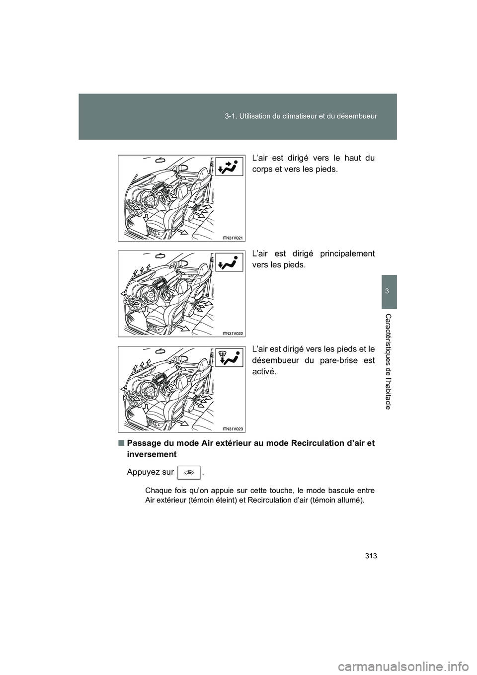TOYOTA VENZA 2015 Manuel du propriétaire (in French) 313
3-1. Utilisation du climatiseur et du désembueur
3
Caractéristiques de l’habitacle
VENZA_OM_OM73023D_(D)
L’air est dirigé vers le haut du
corps et vers les pieds.
L’air est dirigé princi TOYOTA VENZA 2015 Manuel du propriétaire (in French) 313
3-1. Utilisation du climatiseur et du désembueur
3
Caractéristiques de l’habitacle
VENZA_OM_OM73023D_(D)
L’air est dirigé vers le haut du
corps et vers les pieds.
L’air est dirigé princi