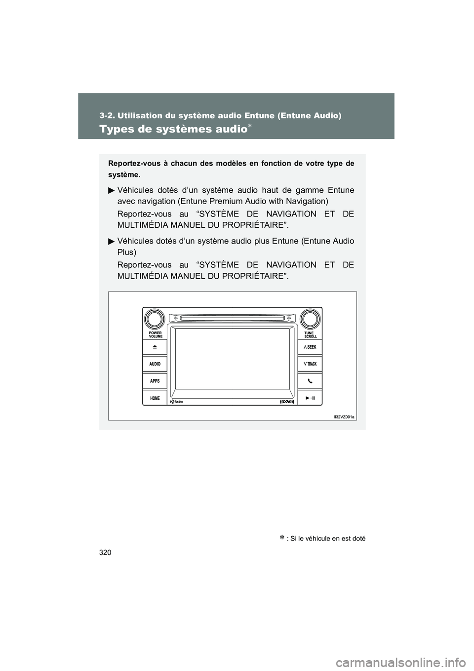 TOYOTA VENZA 2015  Manuel du propriétaire (in French) 320
VENZA_OM_OM73023D_(D)
3-2. Utilisation du système audio Entune (Entune Audio)
Types de systèmes audio∗
∗ : Si le véhicule en est doté
Reportez-vous à chacun des modèles en fonction de vo
