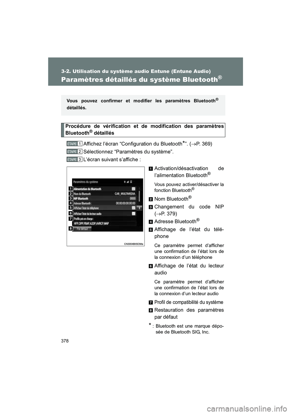 TOYOTA VENZA 2015 Manuel du propriétaire (in French) 378
3-2. Utilisation du système audio Entune (Entune Audio)
VENZA_OM_OM73023D_(D)
Paramètres détaillés du système Bluetooth®
Procédure de vérification et de modification des paramètres
Blueto TOYOTA VENZA 2015 Manuel du propriétaire (in French) 378
3-2. Utilisation du système audio Entune (Entune Audio)
VENZA_OM_OM73023D_(D)
Paramètres détaillés du système Bluetooth®
Procédure de vérification et de modification des paramètres
Blueto