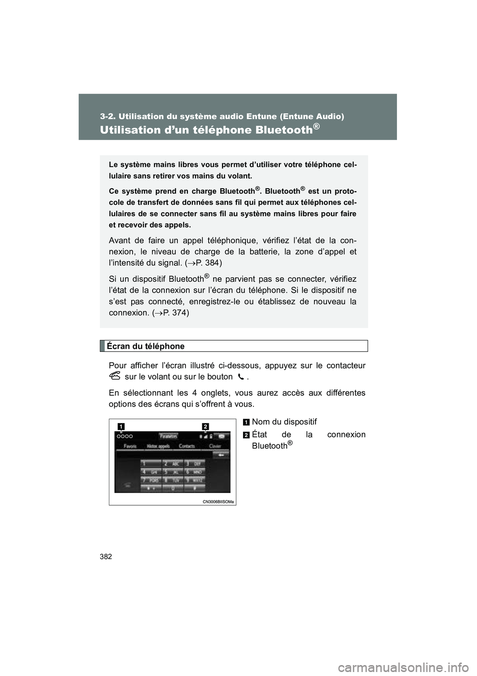 TOYOTA VENZA 2015  Manuel du propriétaire (in French) 382
3-2. Utilisation du système audio Entune (Entune Audio)
VENZA_OM_OM73023D_(D)
Utilisation d’un téléphone Bluetooth®
Écran du téléphonePour afficher l’écran illustré ci-dessous, appuye