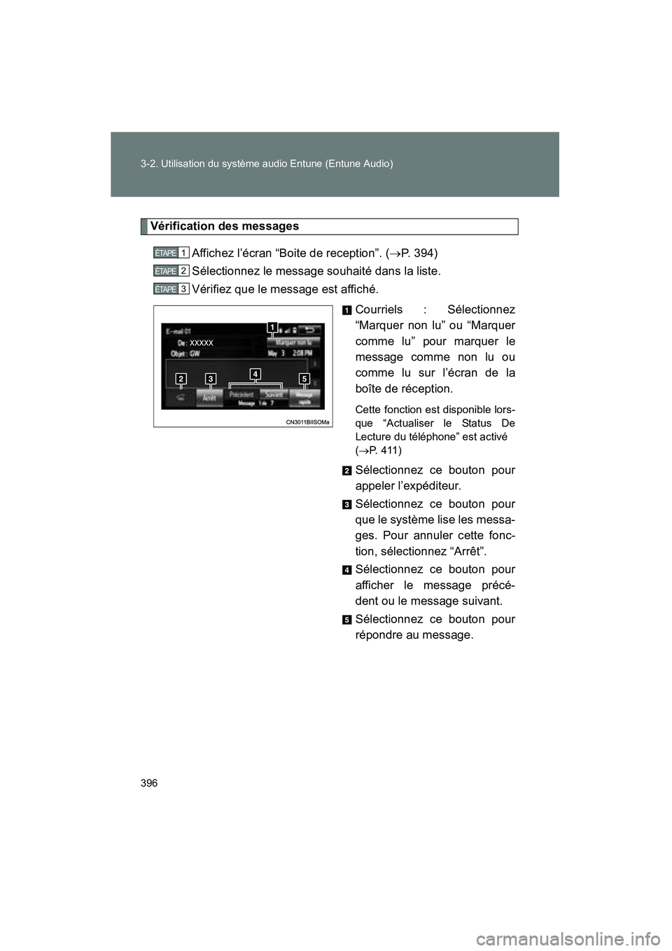 TOYOTA VENZA 2015 Manuel du propriétaire (in French) 396 3-2. Utilisation du système audio Entune (Entune Audio)
VENZA_OM_OM73023D_(D)
Vérification des messagesAffichez l’écran “Boite de reception”. ( →P. 394)
Sélectionnez le message souhait TOYOTA VENZA 2015 Manuel du propriétaire (in French) 396 3-2. Utilisation du système audio Entune (Entune Audio)
VENZA_OM_OM73023D_(D)
Vérification des messagesAffichez l’écran “Boite de reception”. ( →P. 394)
Sélectionnez le message souhait