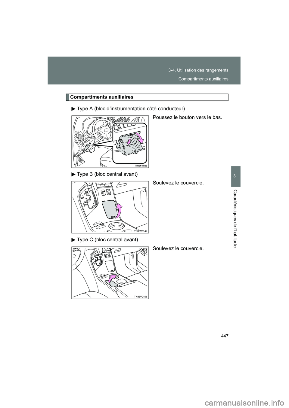 TOYOTA VENZA 2015  Manuel du propriétaire (in French) 447
3-4. Utilisation des rangements
3
Caractéristiques de l’habitacle
VENZA_OM_OM73023D_(D)
Compartiments auxiliaires
Type A (bloc d’instrumentation côté conducteur) Poussez le bouton vers le b