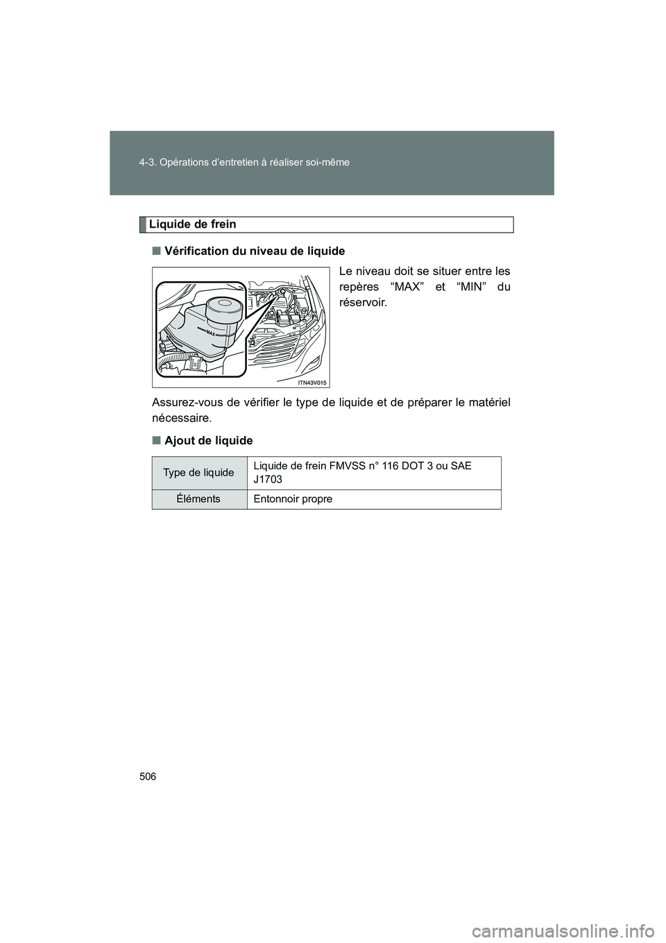 TOYOTA VENZA 2015 Manuel du propriétaire (in French) 506 4-3. Opérations d’entretien à réaliser soi-même
VENZA_OM_OM73023D_(D)
Liquide de frein■ Vérification du niveau de liquide
Le niveau doit se situer entre les
repères “MAX” et “MIN TOYOTA VENZA 2015 Manuel du propriétaire (in French) 506 4-3. Opérations d’entretien à réaliser soi-même
VENZA_OM_OM73023D_(D)
Liquide de frein■ Vérification du niveau de liquide
Le niveau doit se situer entre les
repères “MAX” et “MIN