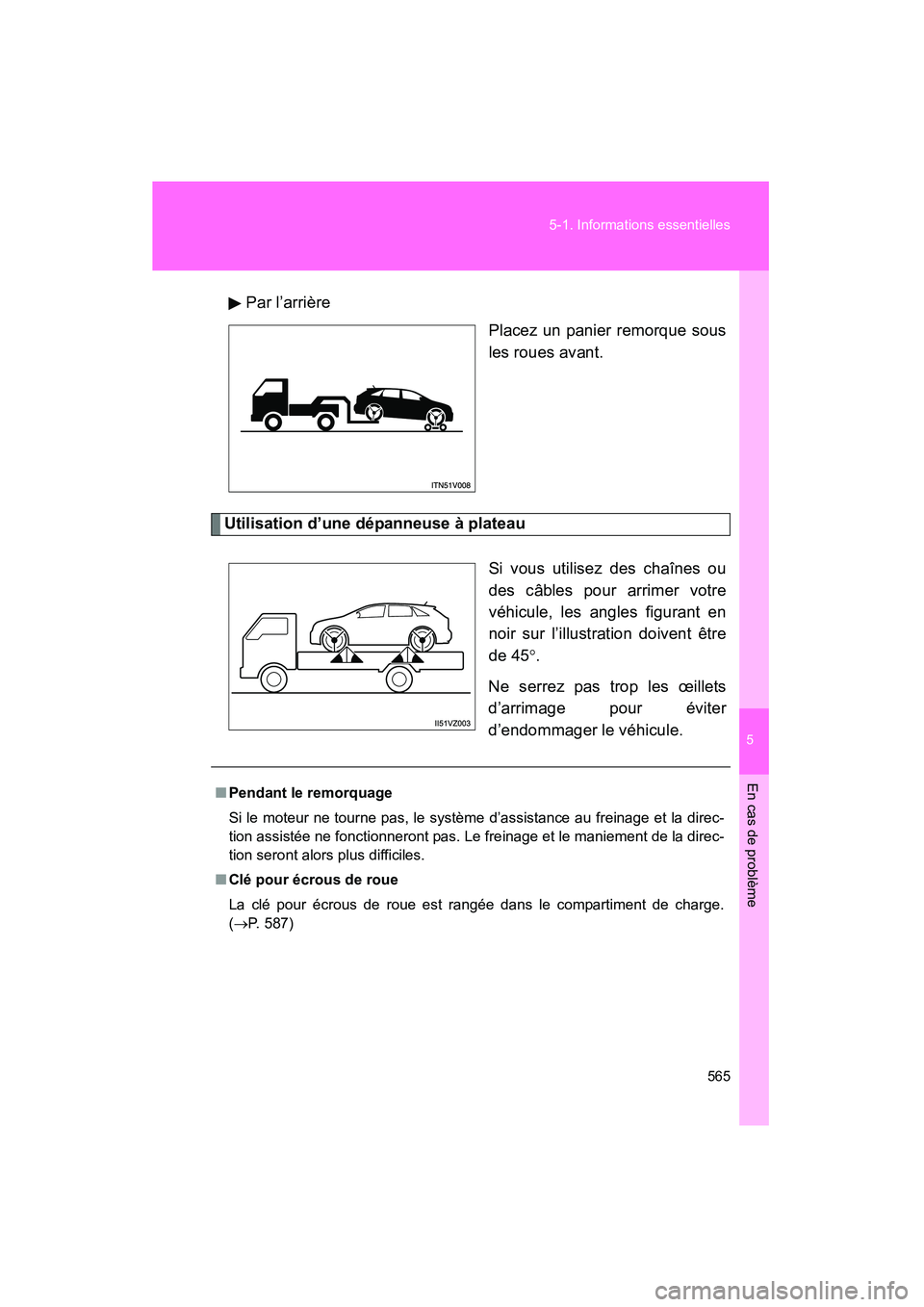 TOYOTA VENZA 2015 Manuel du propriétaire (in French) 5
En cas de problème
565
5-1. Informations essentielles
VENZA_OM_OM73023D_(D)
Par l’arrière
Placez un panier remorque sous
les roues avant.
Utilisation d’une dépanneuse à plateau
Si vous utili TOYOTA VENZA 2015 Manuel du propriétaire (in French) 5
En cas de problème
565
5-1. Informations essentielles
VENZA_OM_OM73023D_(D)
Par l’arrière
Placez un panier remorque sous
les roues avant.
Utilisation d’une dépanneuse à plateau
Si vous utili