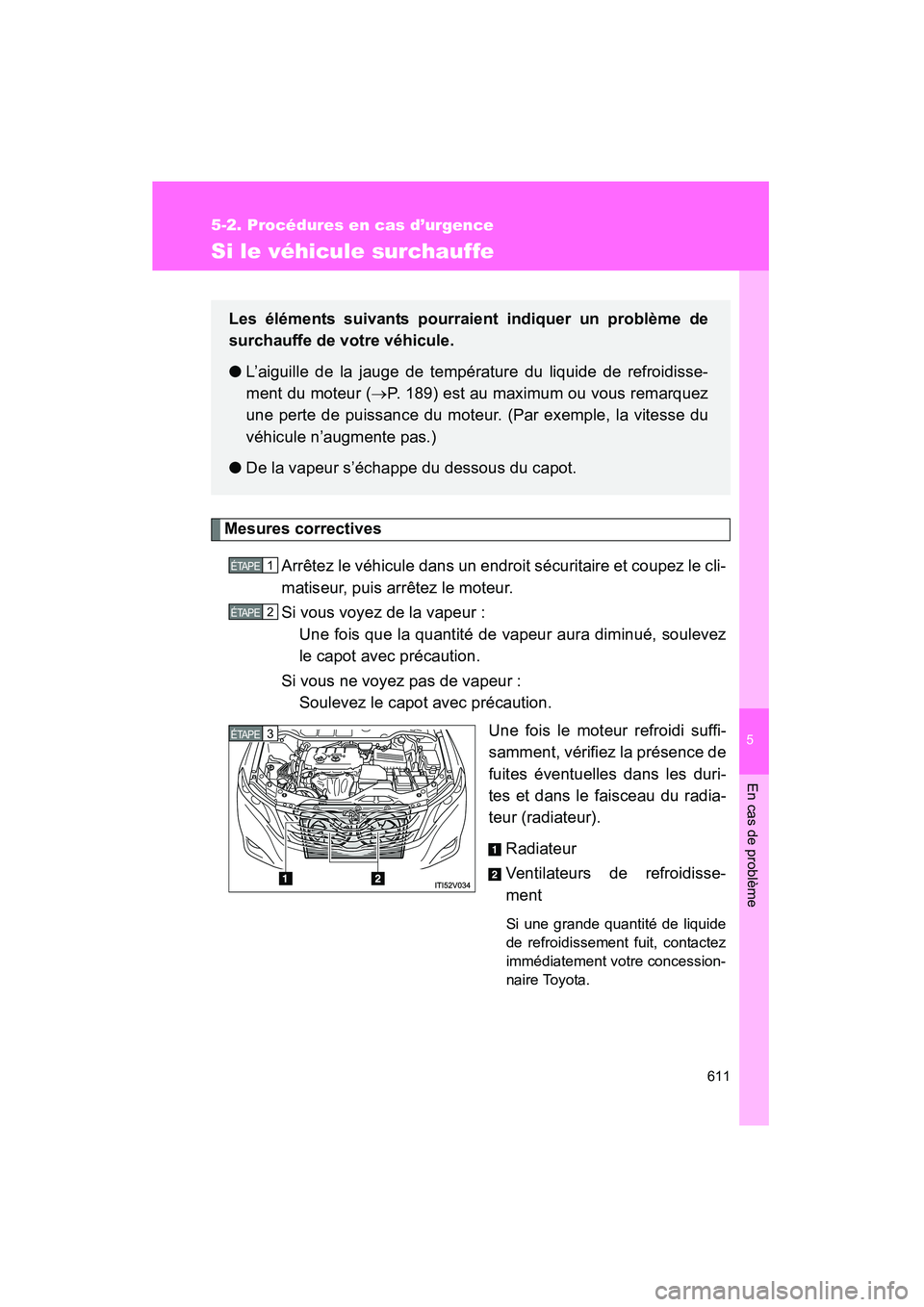 TOYOTA VENZA 2015  Manuel du propriétaire (in French) 5
En cas de problème
611
5-2. Procédures en cas d’urgence
VENZA_OM_OM73023D_(D)
Si le véhicule surchauffe
Mesures correctivesArrêtez le véhicule dans un endroit sécuritaire et coupez le cli-
m
