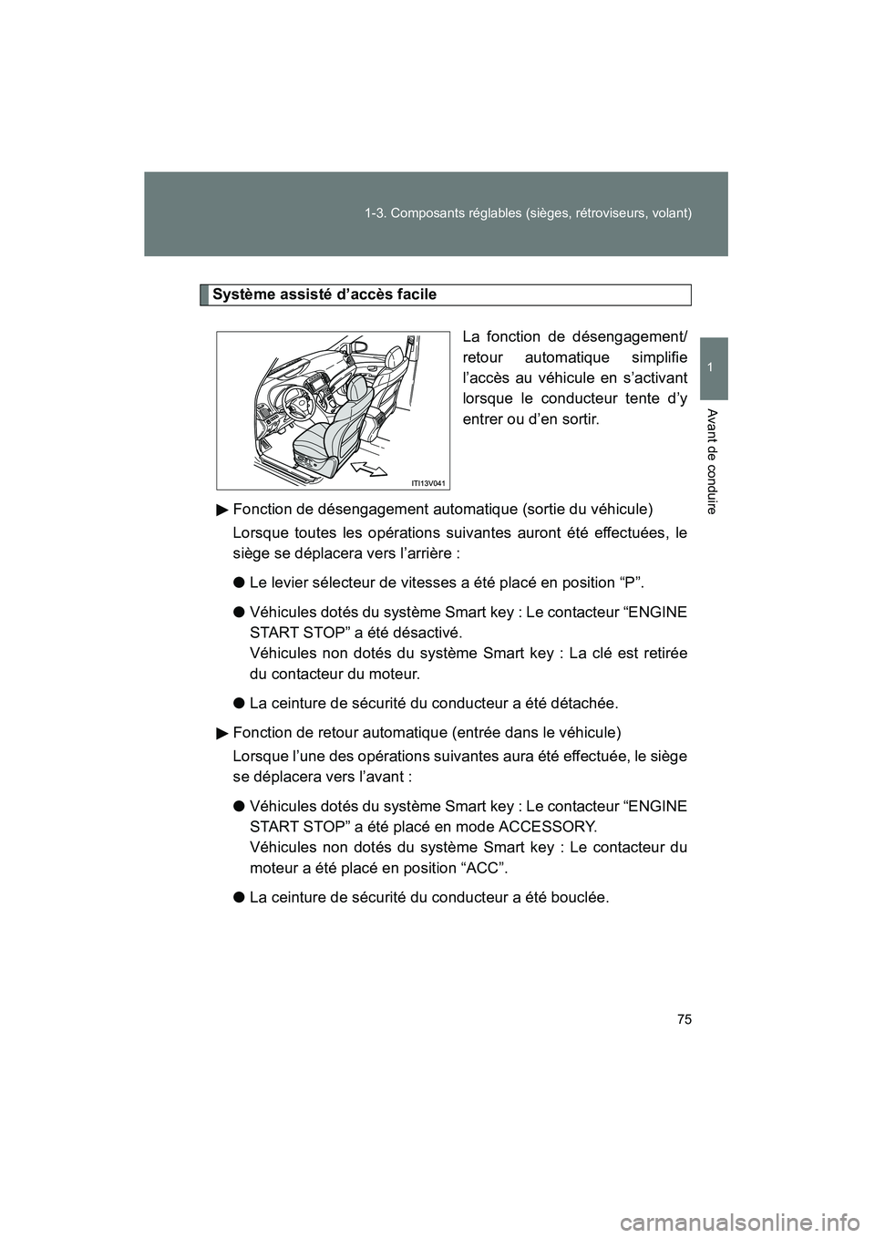 TOYOTA VENZA 2015  Manuel du propriétaire (in French) 75
1-3. Composants réglables (sièges, rétroviseurs, volant)
1
Avant de conduire
VENZA_OM_OM73023D_(D)
Système assisté d’accès facile
La fonction de désengagement/
retour automatique simplifie